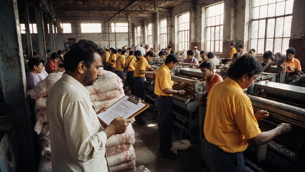 1990s Indian textile factory showing old looms, workers, and stacks of Chinese fabric.