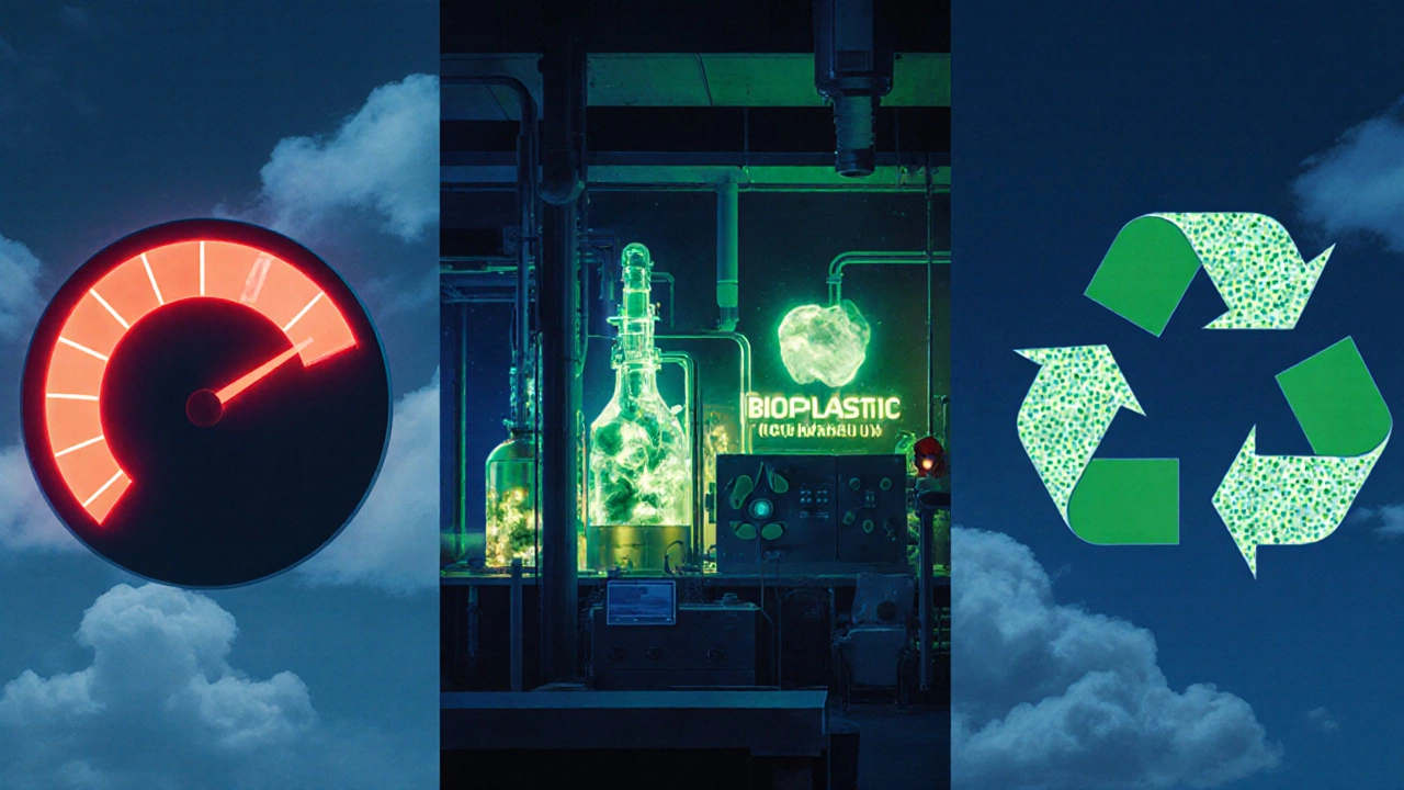 Artistic depiction of carbon pricing, bioplastic labs, and closed‑loop recycling trends.