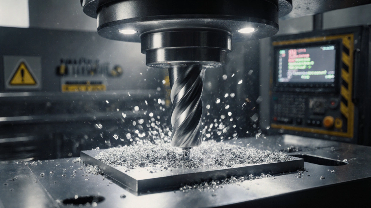 Close-up of a CNC machine cutting titanium with chips flying and bright LED lighting.