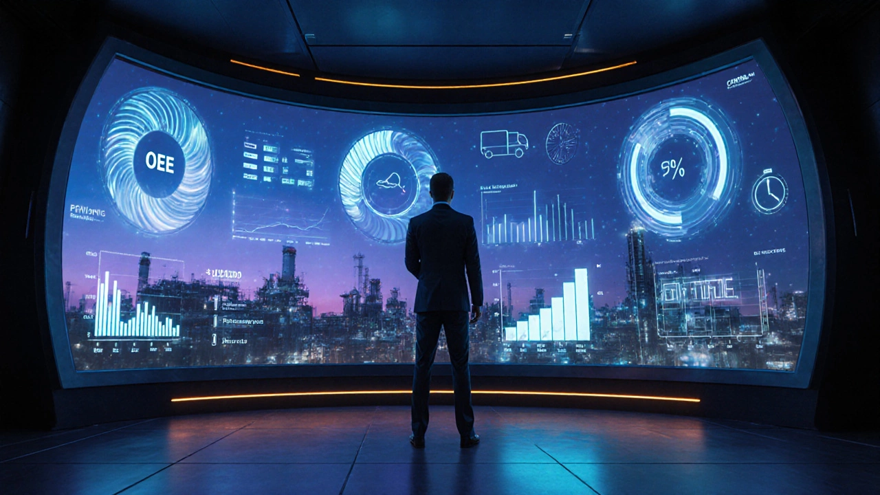 Control room with manager reviewing abstract performance visualizations overlooking a factory.