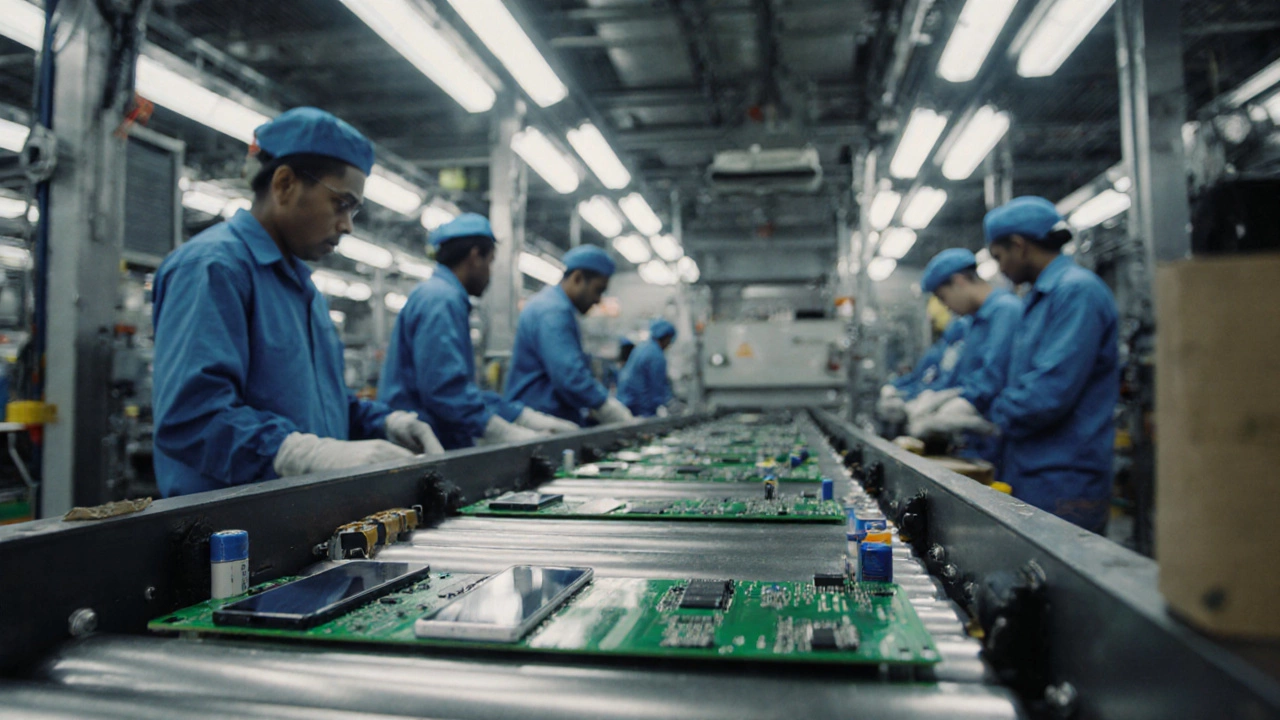 Conveyor belt in a Tamil Nadu electronics factory with smartphones and circuit boards being packaged.