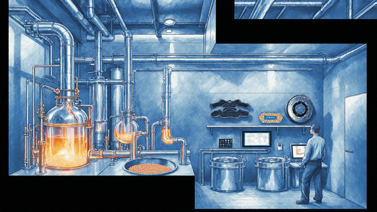 Cross‑section of a phenol plant showing reactors, storage tanks, and downstream resin products.