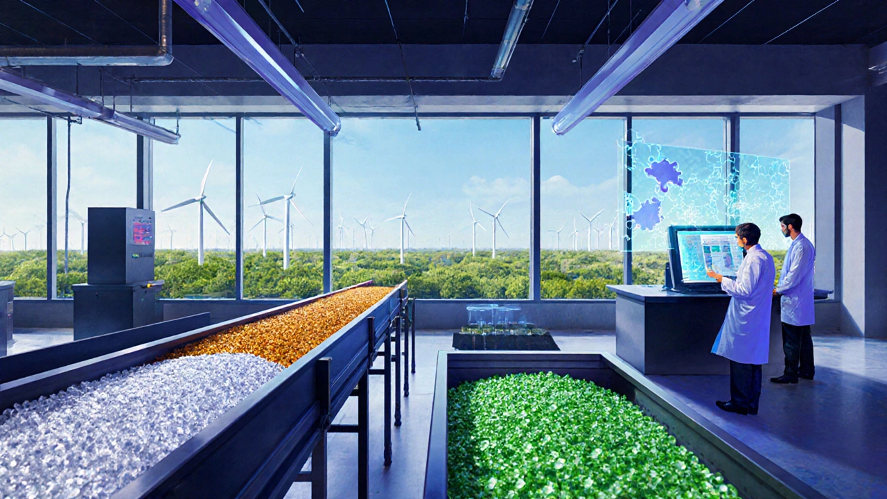 Engineers examining polymer pellets on a modern production floor with sustainability features.