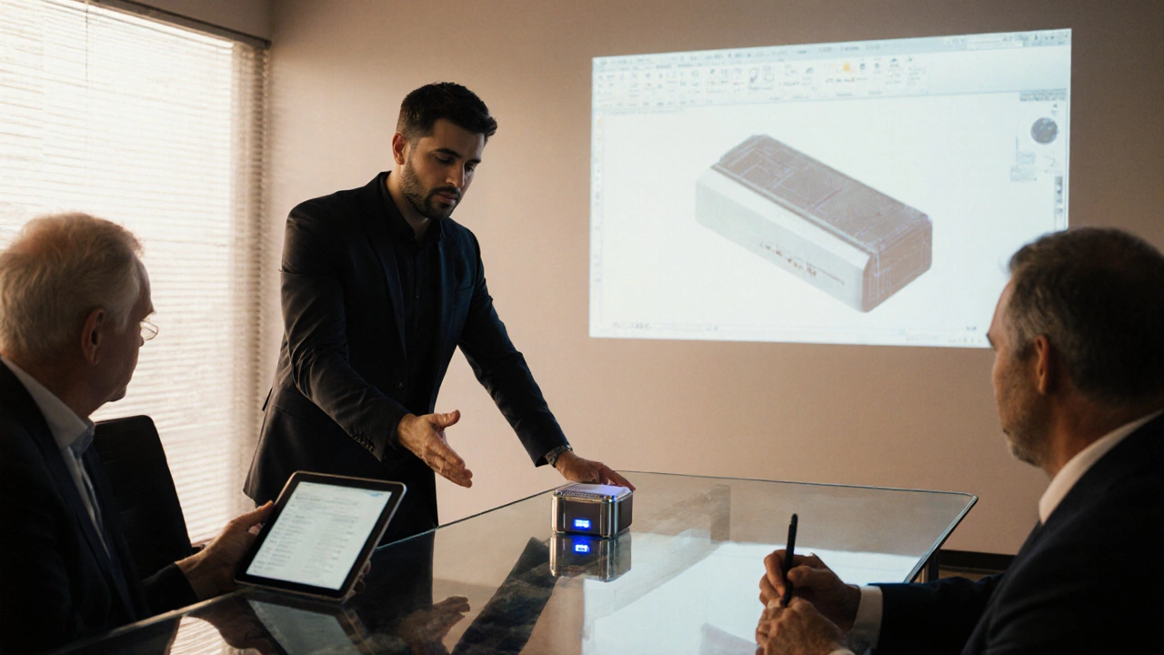 Entrepreneur presenting a glowing prototype to manufacturers in a conference room.