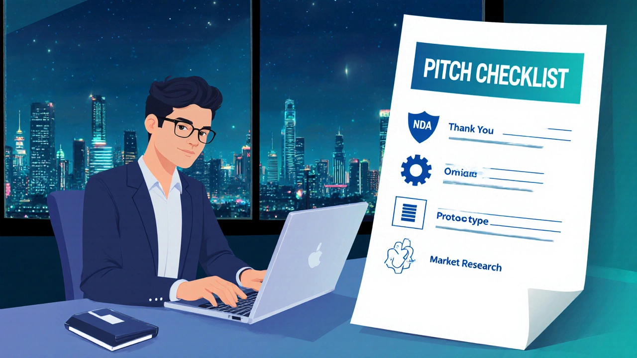 Entrepreneur reviewing a checklist and typing a follow‑up email after a pitch.