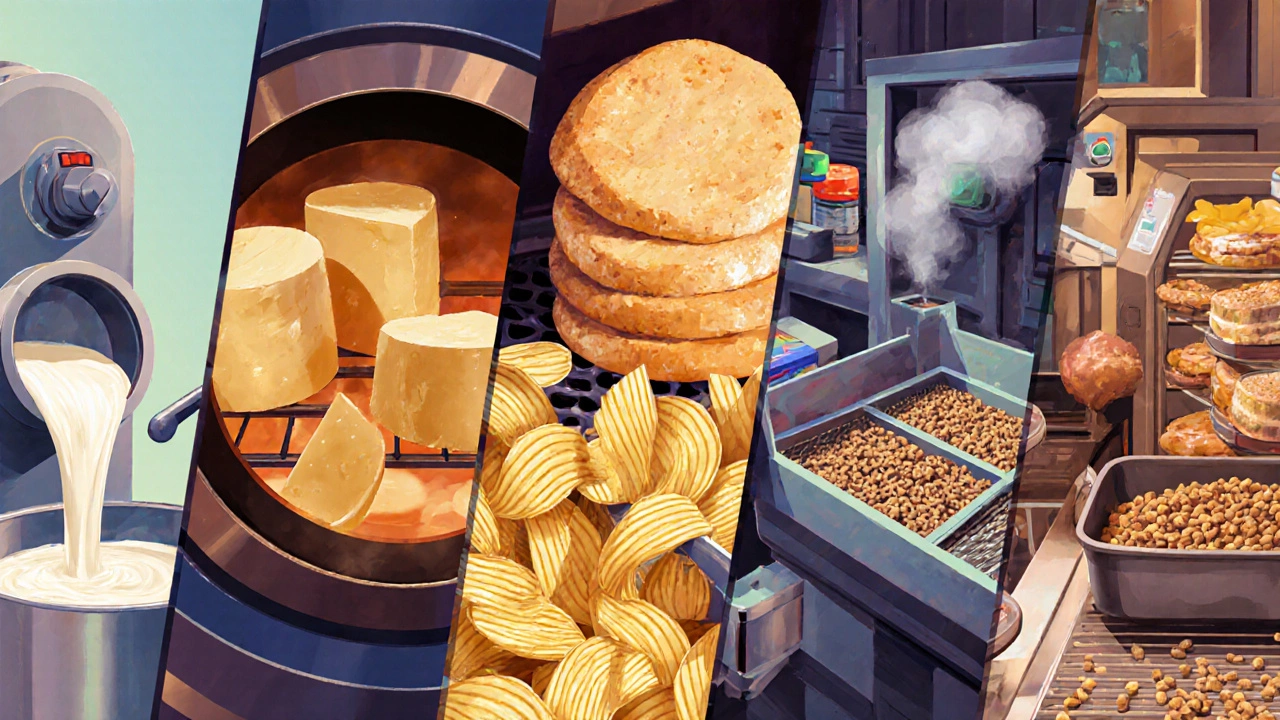 Five panels showing dairy, bakery, snack, frozen meals, and pet food production lines.