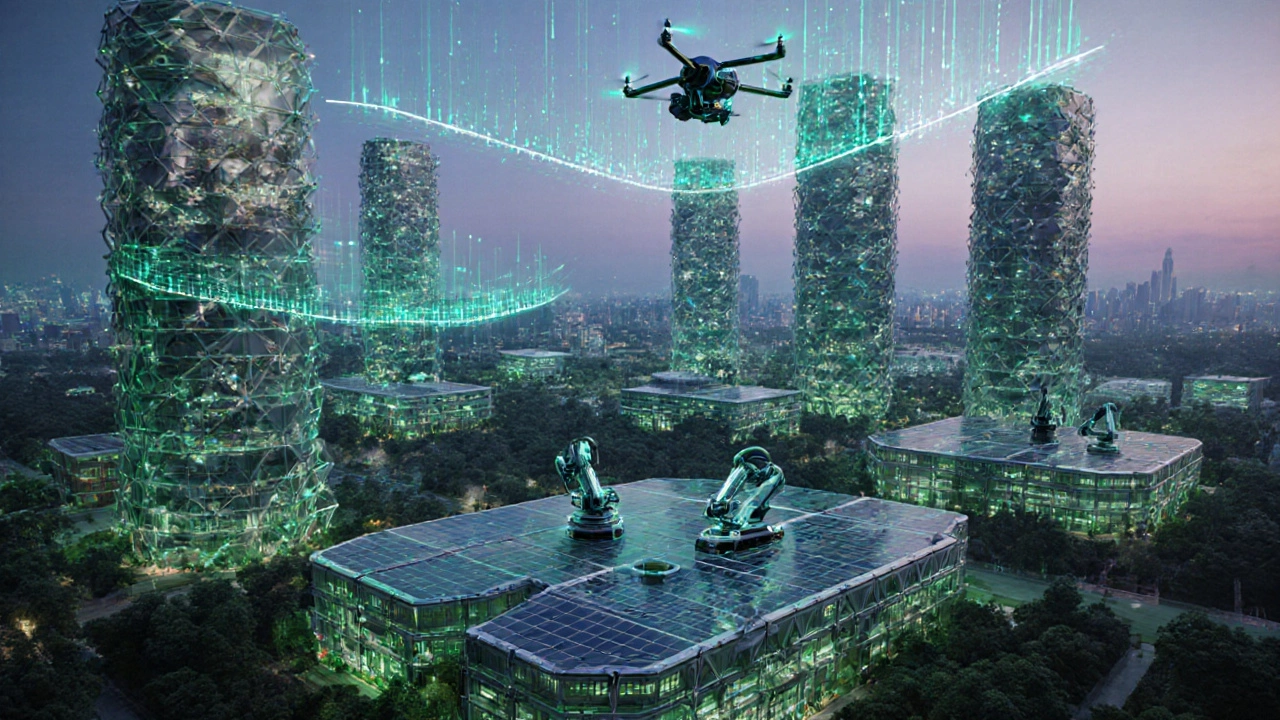 Futuristic green megafactory with AI robots and solar roofs representing the next manufacturing capital.
