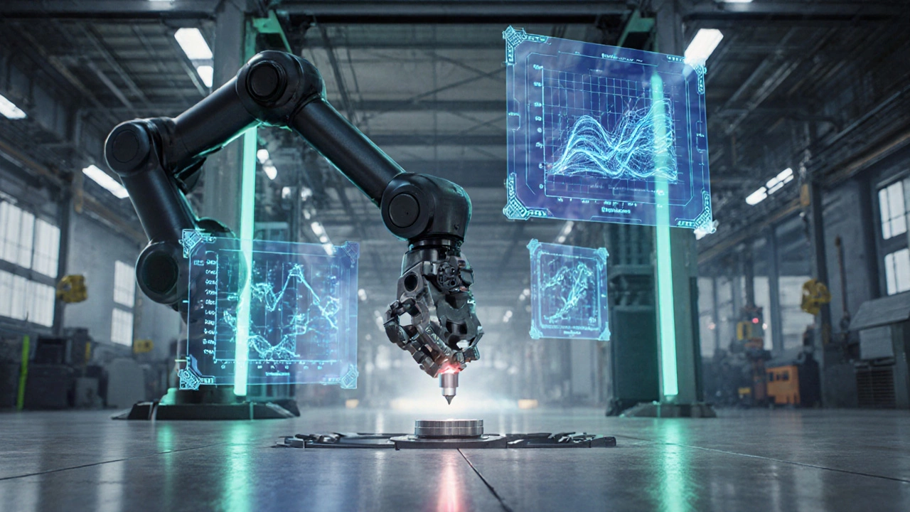 Futuristic hybrid machine with both 3D printing and milling heads and holographic AI interface.