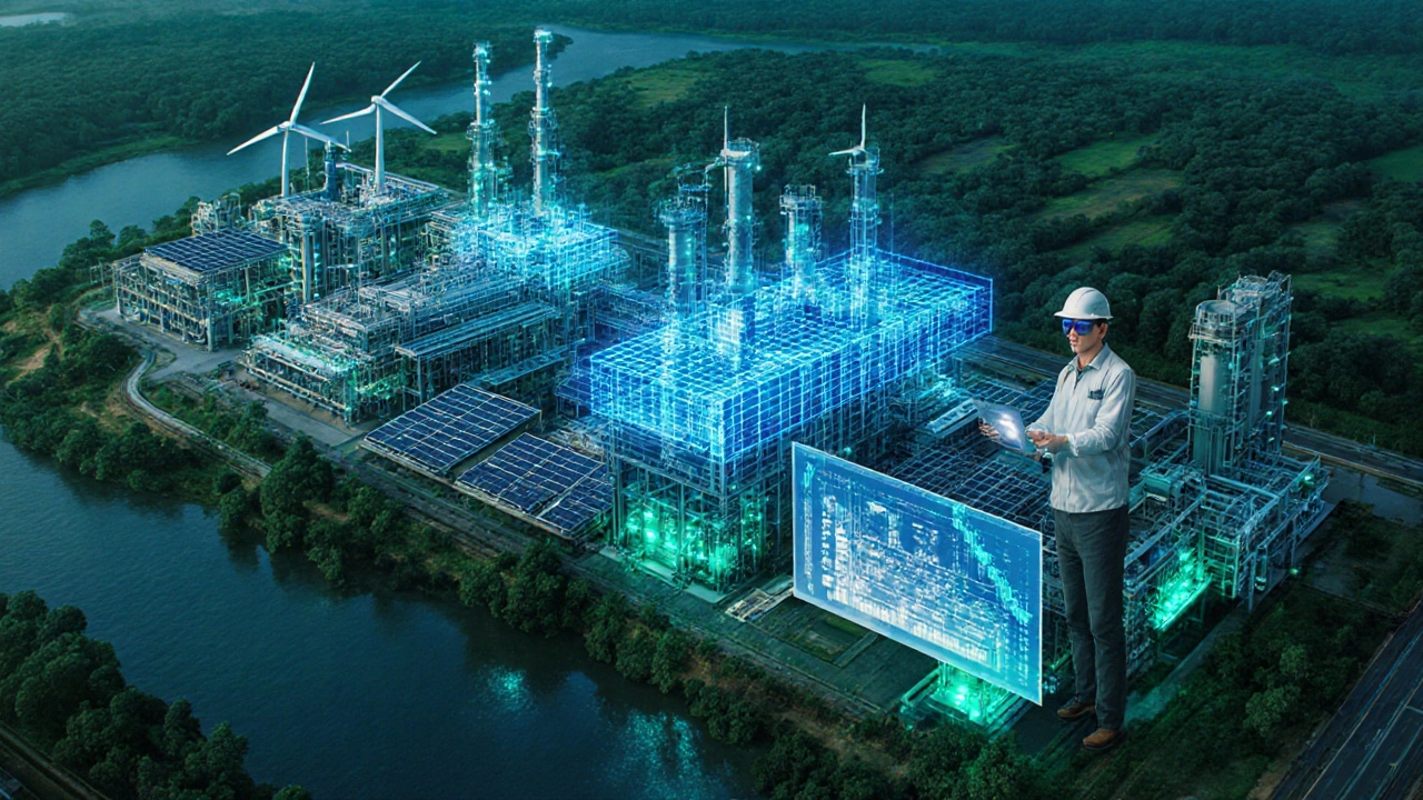 Futuristic Indian chemical plant with solar panels, AI holograms, and surrounding green landscape.