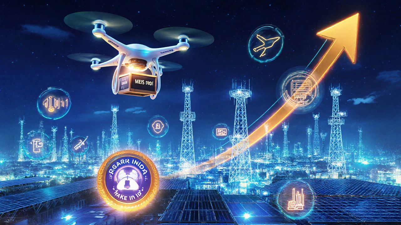 Futuristic Indian skyline symbolizing growing electronics exports.
