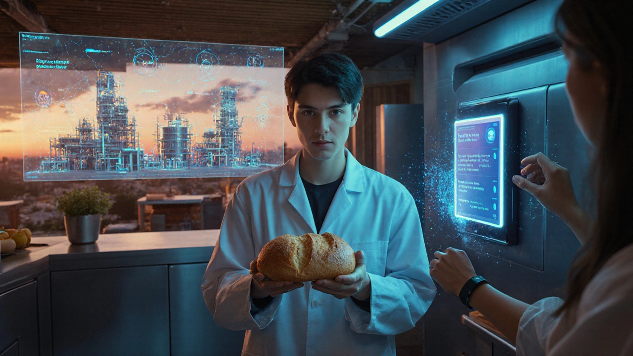 Futuristic lab with a scientist holding up‑cycled bread, holographic plant model, and AI nutrition screen.