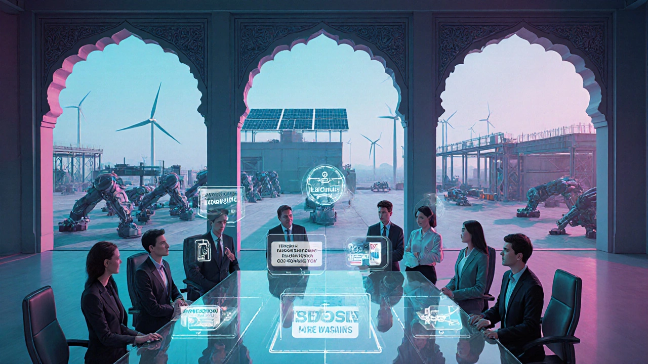 Futuristic meeting hall with holographic policy tools and a high‑tech factory background.