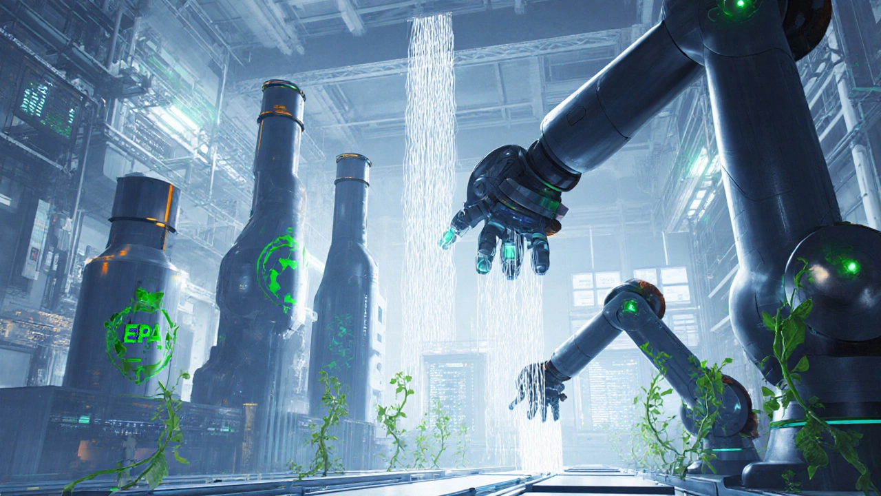 Futuristic plastic plant showing robots, recycling loops, and dominant resin producers.