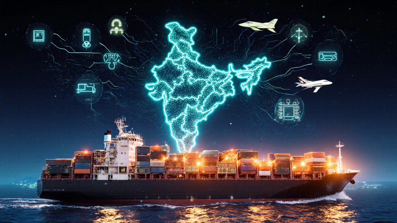 Futuristic scene of Indian electronics exports powering AI devices and EVs.
