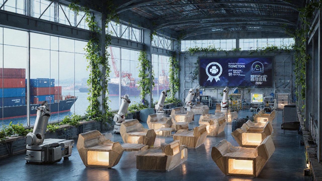 Futuristic sustainable furniture factory with robots assembling recycled‑material pieces.