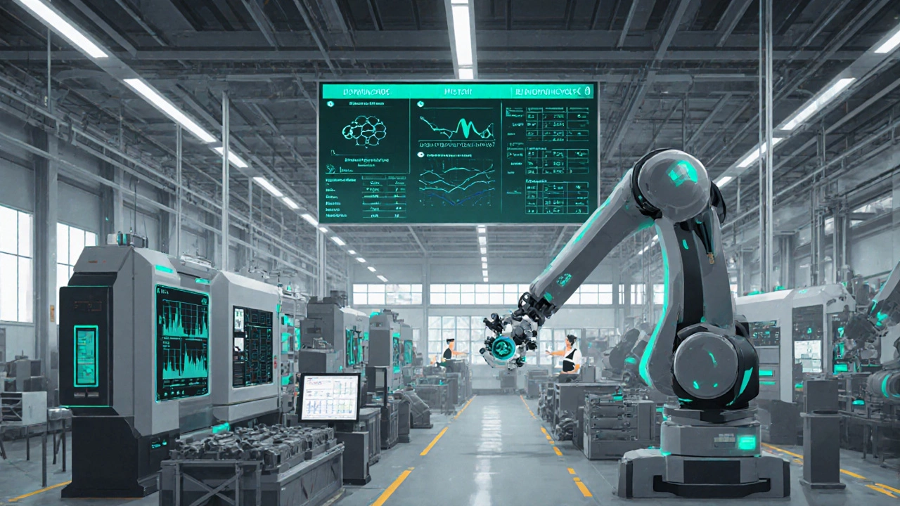 High‑tech factory floor with CNC machines, robots, and real‑time production metrics display.