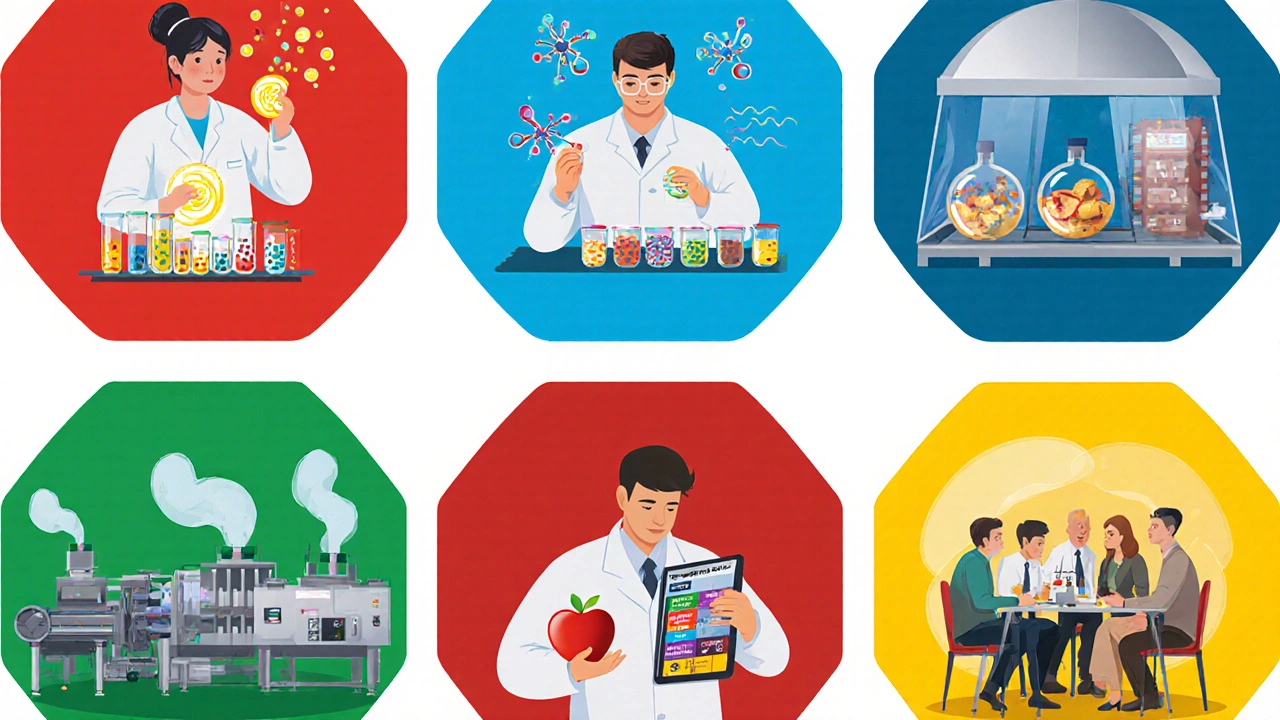 Illustrated hexagonal grid of six scenes representing food chemistry, microbiology, engineering, safety, nutrition, and sensory analysis.