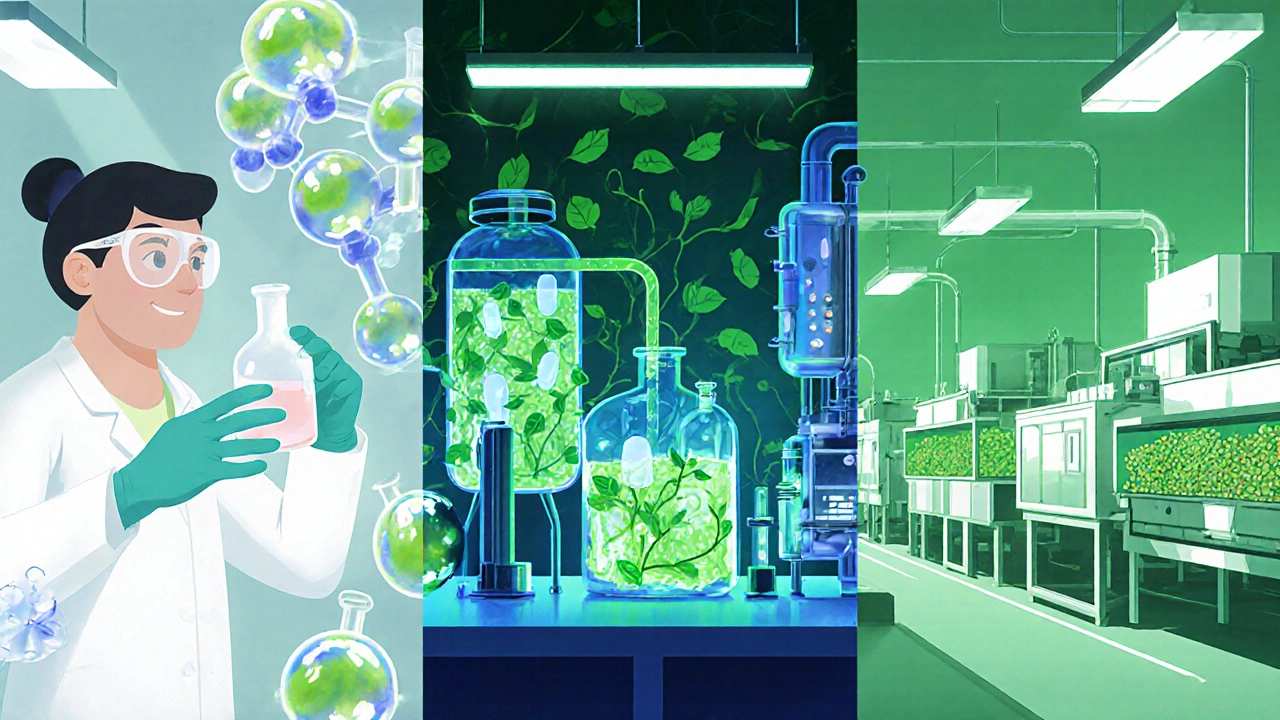 Illustration of scientists working on specialty chemicals, green chemistry fermenter, and bio‑polymer line.