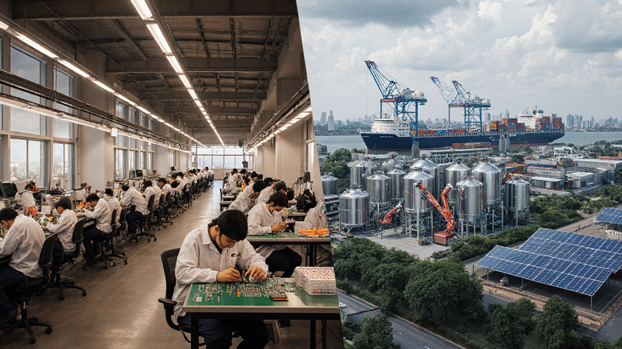 Inside a Vietnamese electronics plant and an Indian pharma factory showing modern production lines.