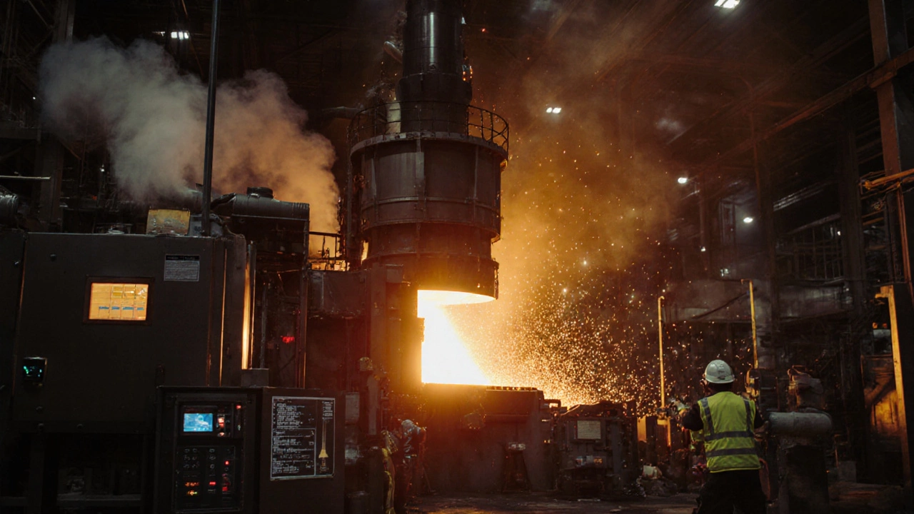 Interior scene of glowing electric‑arc furnace with engineers near carbon‑capture equipment.