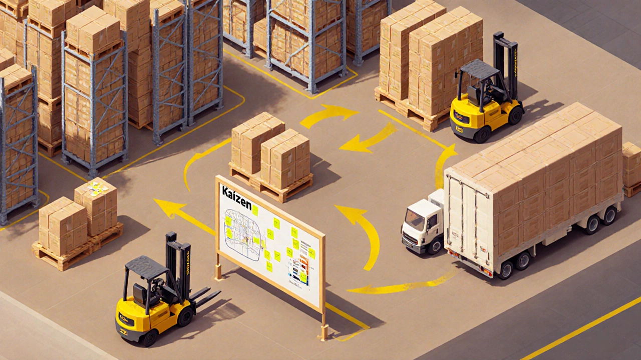 Isometric view of a warehouse with pallets, forklifts, shipping trucks and a Kaizen board.