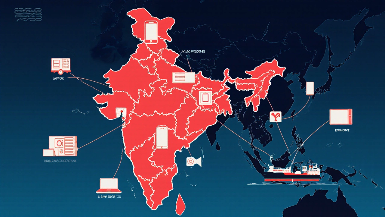 Map of India showing Tamil Nadu as the center of electronics export routes to global markets.