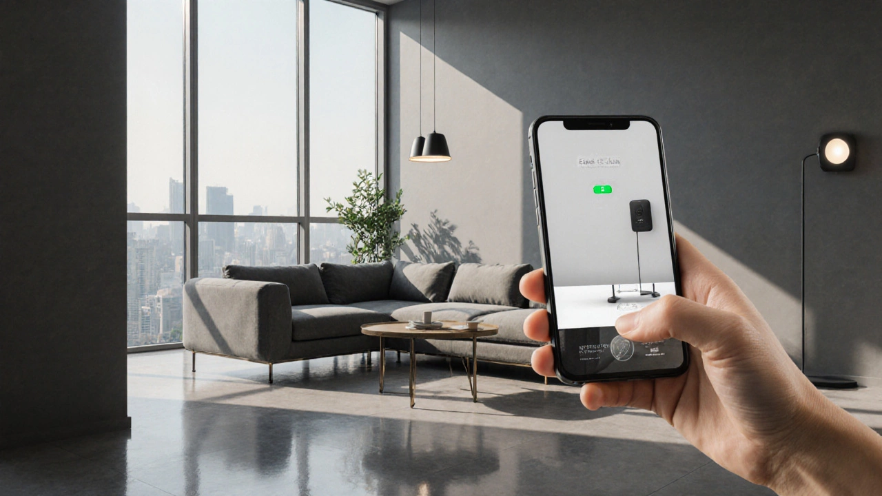 Modern apartment interior with AR preview of smart furniture on a smartphone.