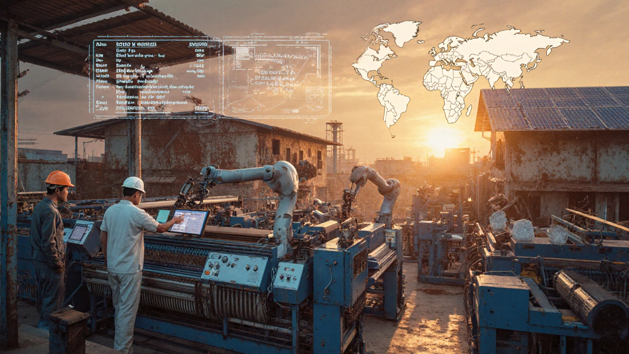 Modern Indian textile plant combining automated looms, engineers, and solar panels.