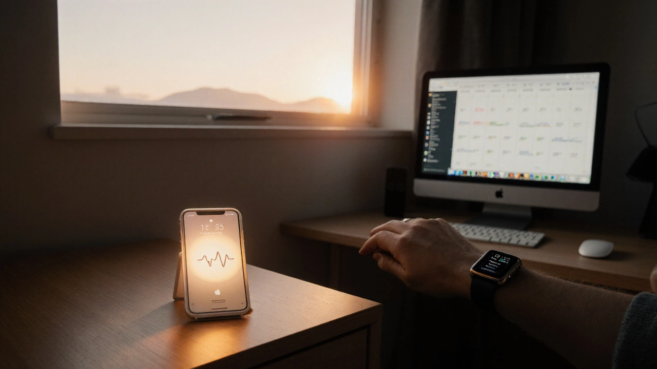 Morning bedroom scene with iPhone alarm, Apple Watch, and MacBook bathed in sunrise light.