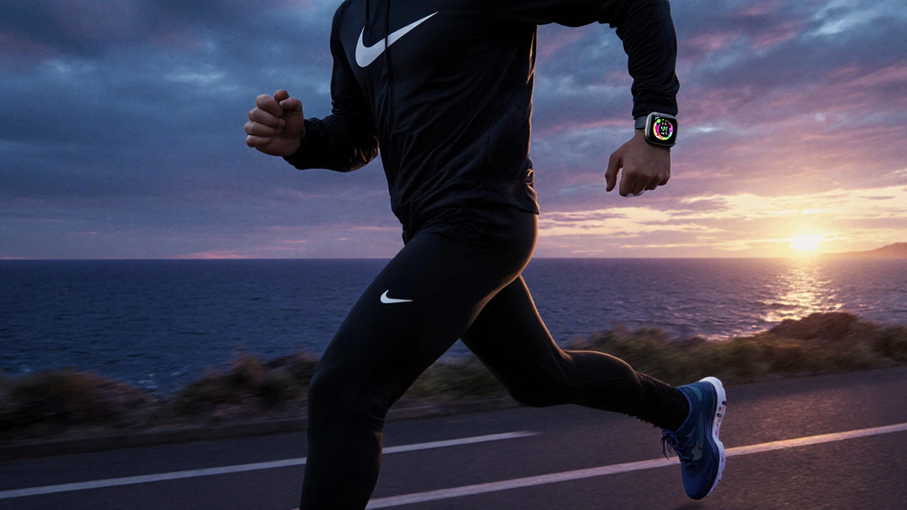Runner in Nike gear with Apple Watch tracking a dusk coastal run, showing motion and energy.