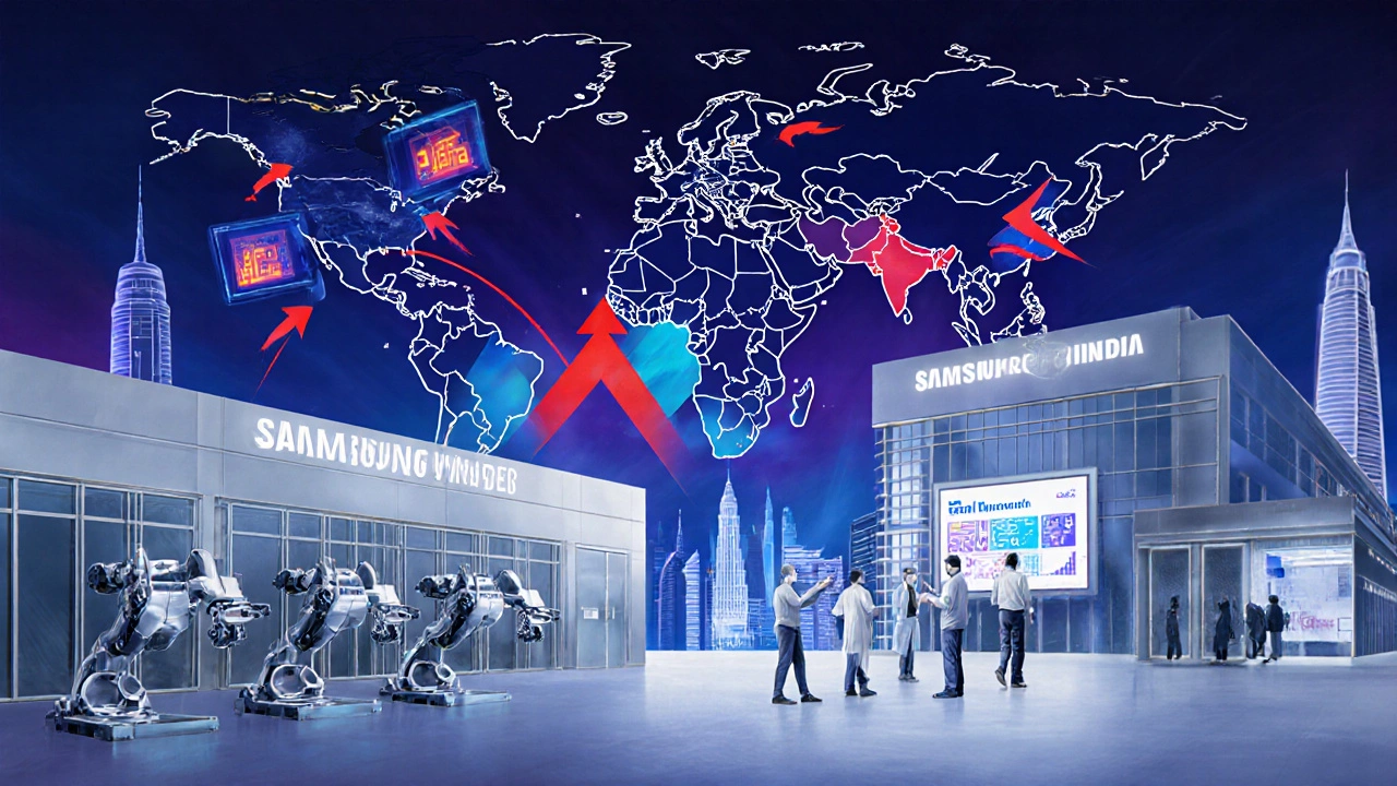 Samsung India&#039;s wafer fab and R&amp;D campus with arrows showing global trade.