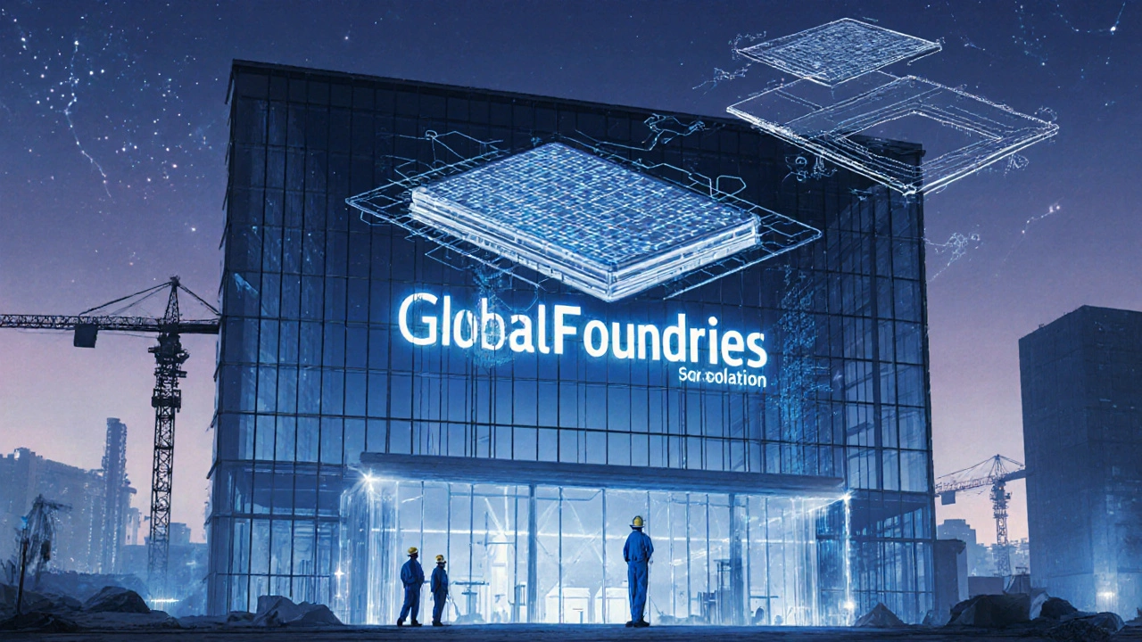 Semiconductor fab construction site with cranes, engineers, and glowing wafer designs.