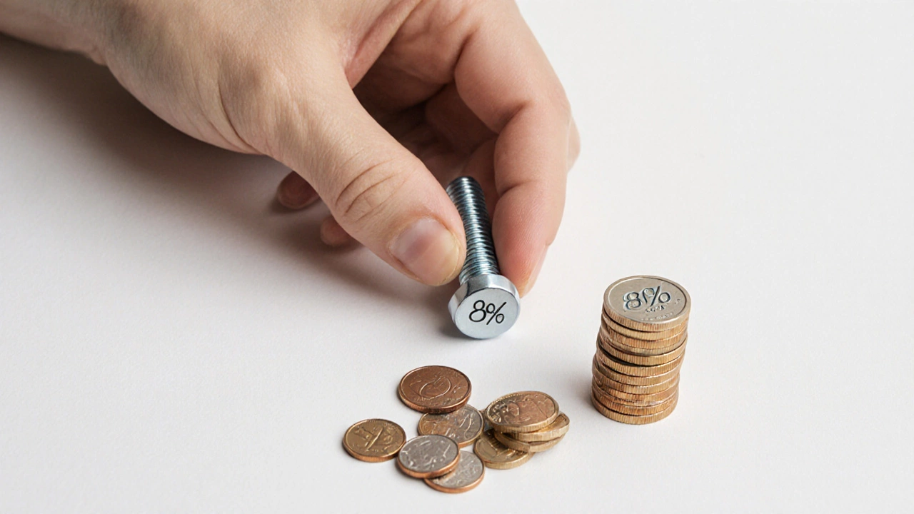 Single bolt and coins representing 8% net profit margin on white background.
