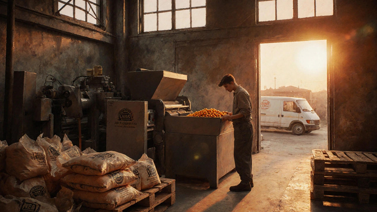 Small snack workshop at sunset with an entrepreneur, extrusion machine, and packaged snacks.