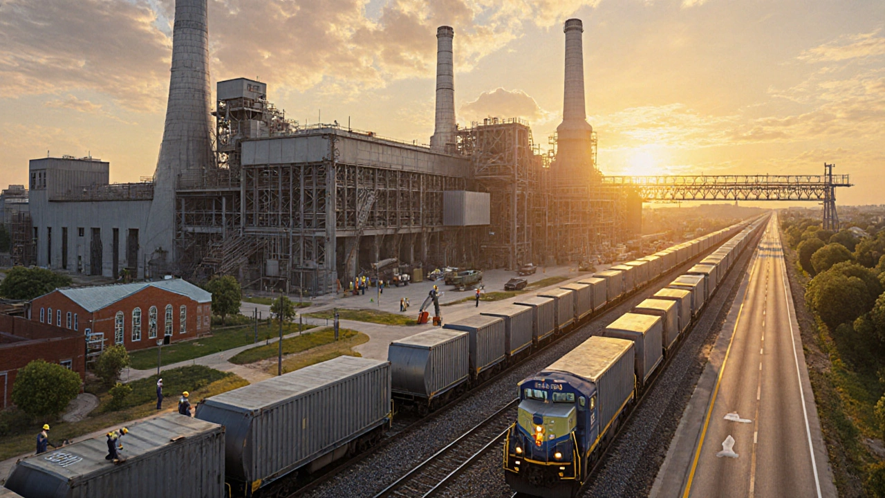 Workers, trains, and steel products illustrating Gary Works' economic and future impact.