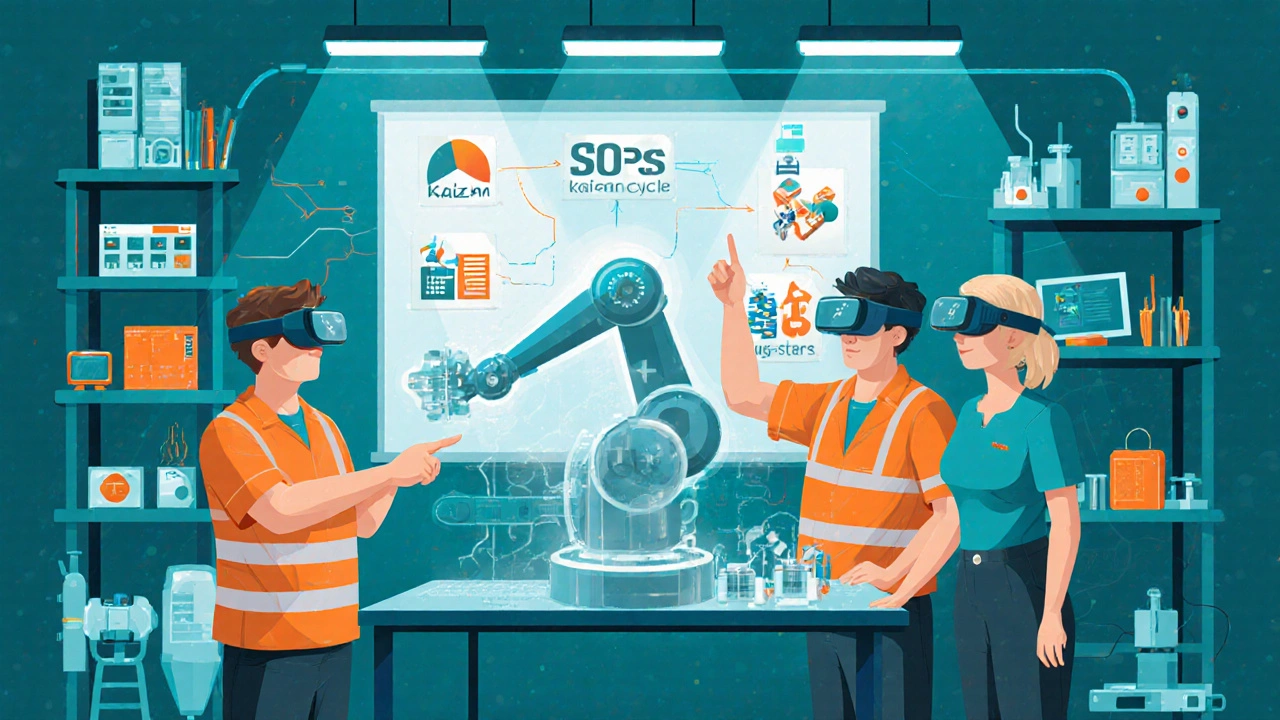 Workers using AR headsets to train on a robotic arm with stylized process icons nearby.