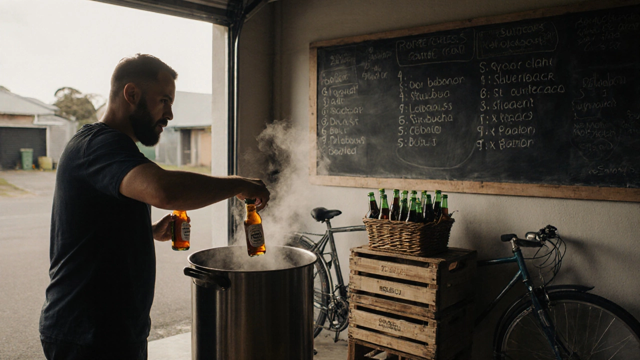 A brewer hand-labeling kombucha bottles in a garage workshop with a bicycle nearby.