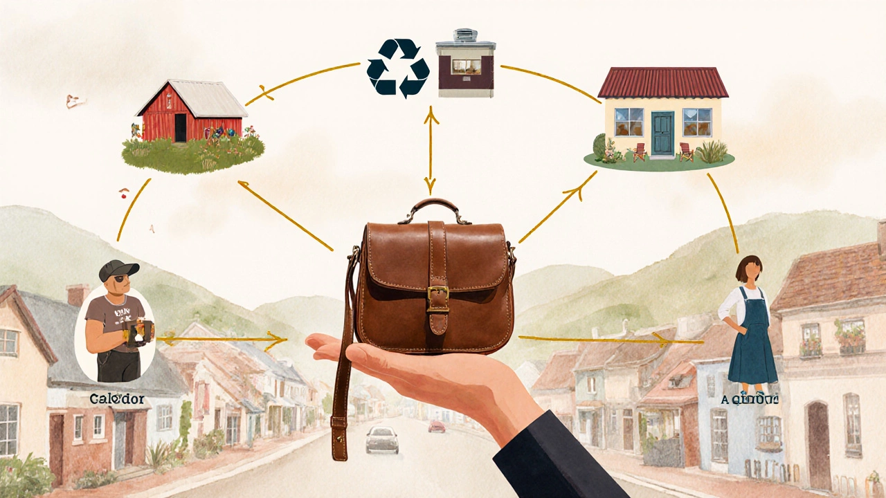 A handmade leather bag connected by golden lines to local sources and customers in a soft watercolor scene.