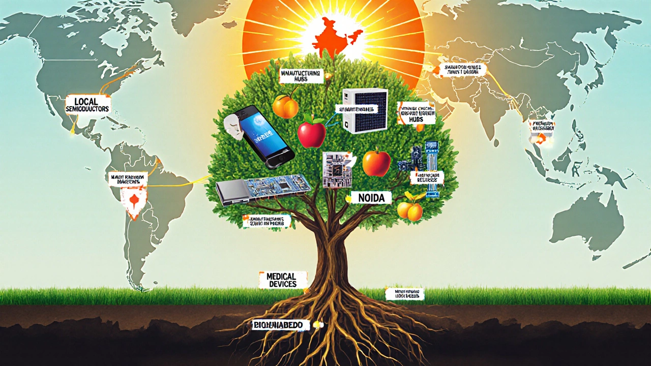 A tree with electronics as fruits, symbolizing India&#039;s growing local manufacturing ecosystem.