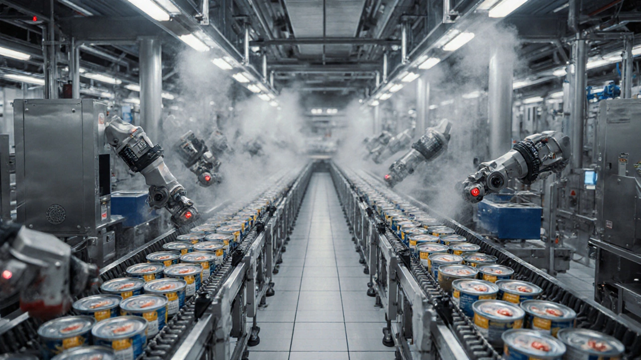 Automated conveyor line processing canned tuna with robotic arms and sensors in a sterile plant.