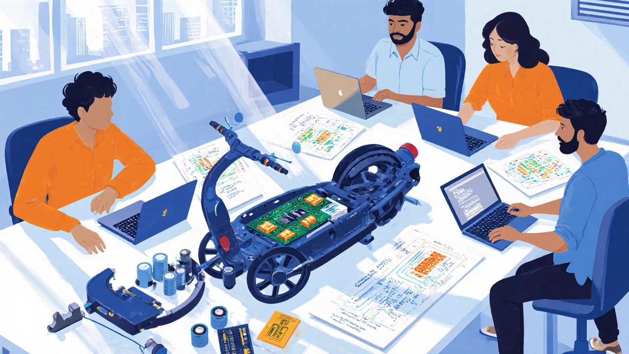 Engineers in Bengaluru designing a smart scooter with circuit boards and laptops on a table.