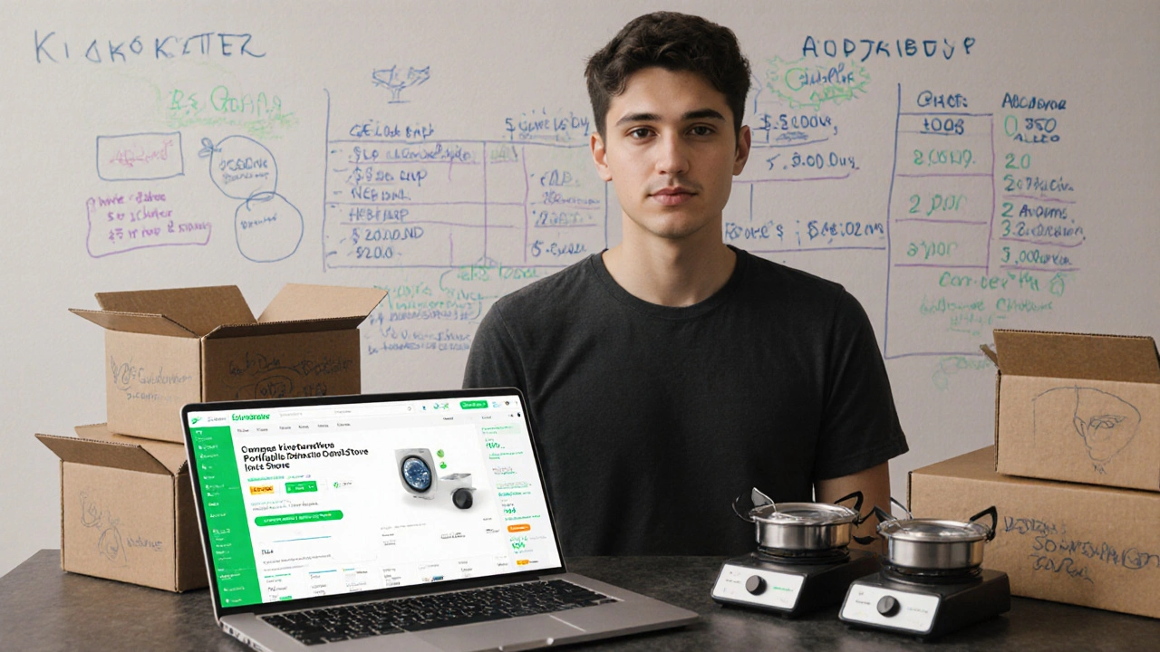 Entrepreneur with portable stoves and handwritten sales tracking notes.