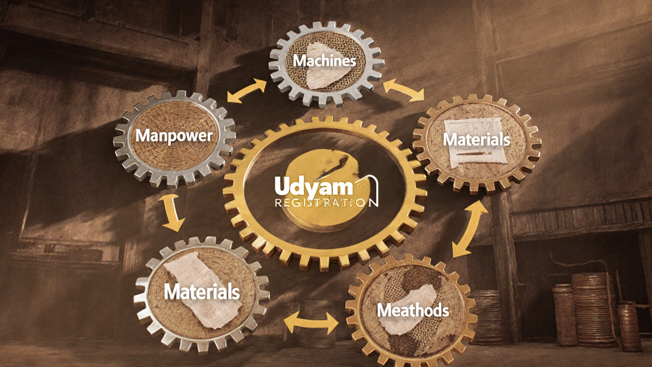 Five interconnected gears representing the 5 M&#039;s of manufacturing, symbolizing harmony in a small factory environment.