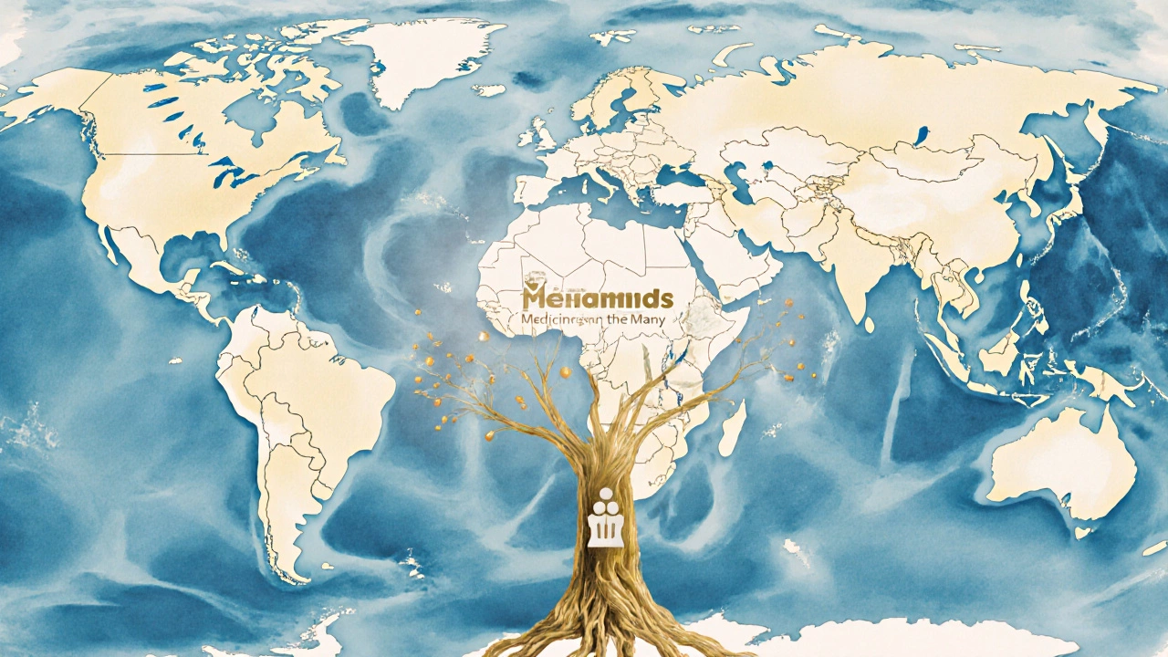 Global map with medicine beams from India, overlaid by the Hamied family tree symbolizing accessible healthcare.