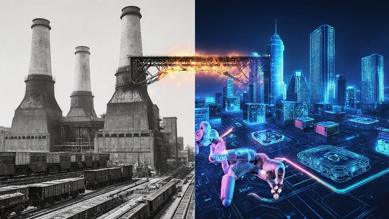 Industrial past transitioning into modern tech innovation in Pittsburgh.