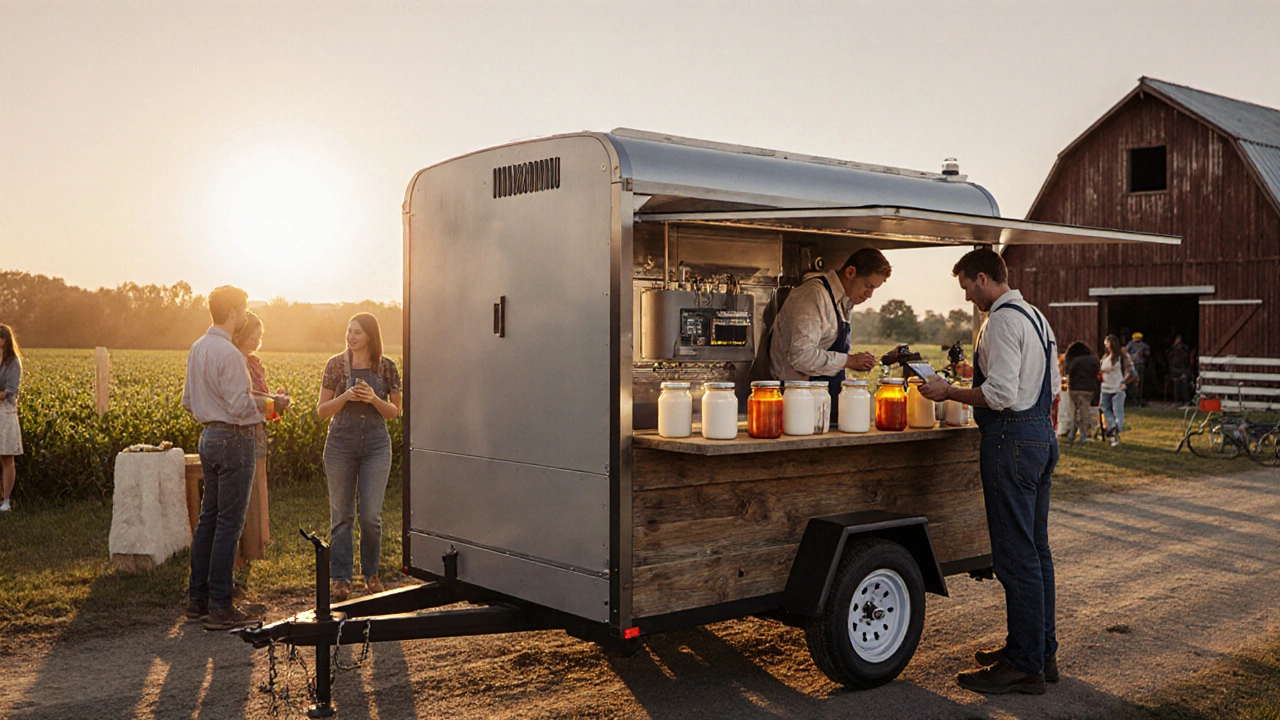 Mobile food processing trailer at a farmers&#039; market with jars of yogurt and honey on display.