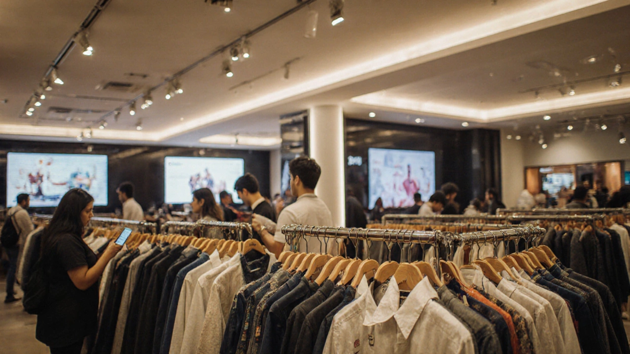 Modern retail store filled with Reliance fashion brands, customers browsing under bright lights with glowing RFID tags on clothes.