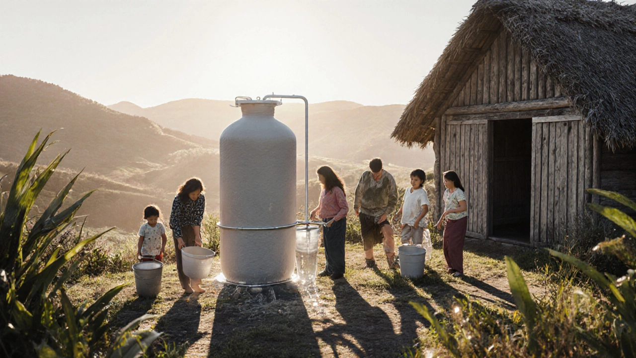 Rural family collecting clean water from a gravity-fed ceramic filtration system.