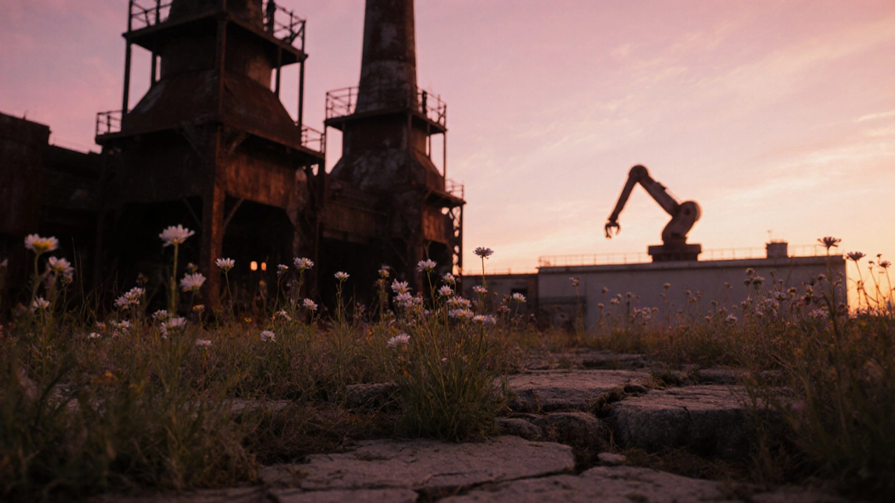 Rusted Carrie Furnaces at sunrise with a robotic arm in the distance.