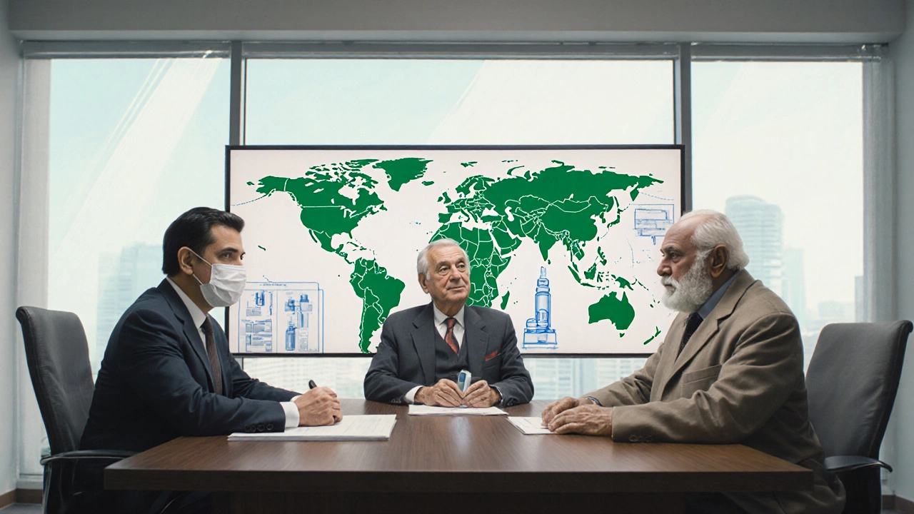 Three generations of the Hamied family in a modern Cipla boardroom discussing global health.